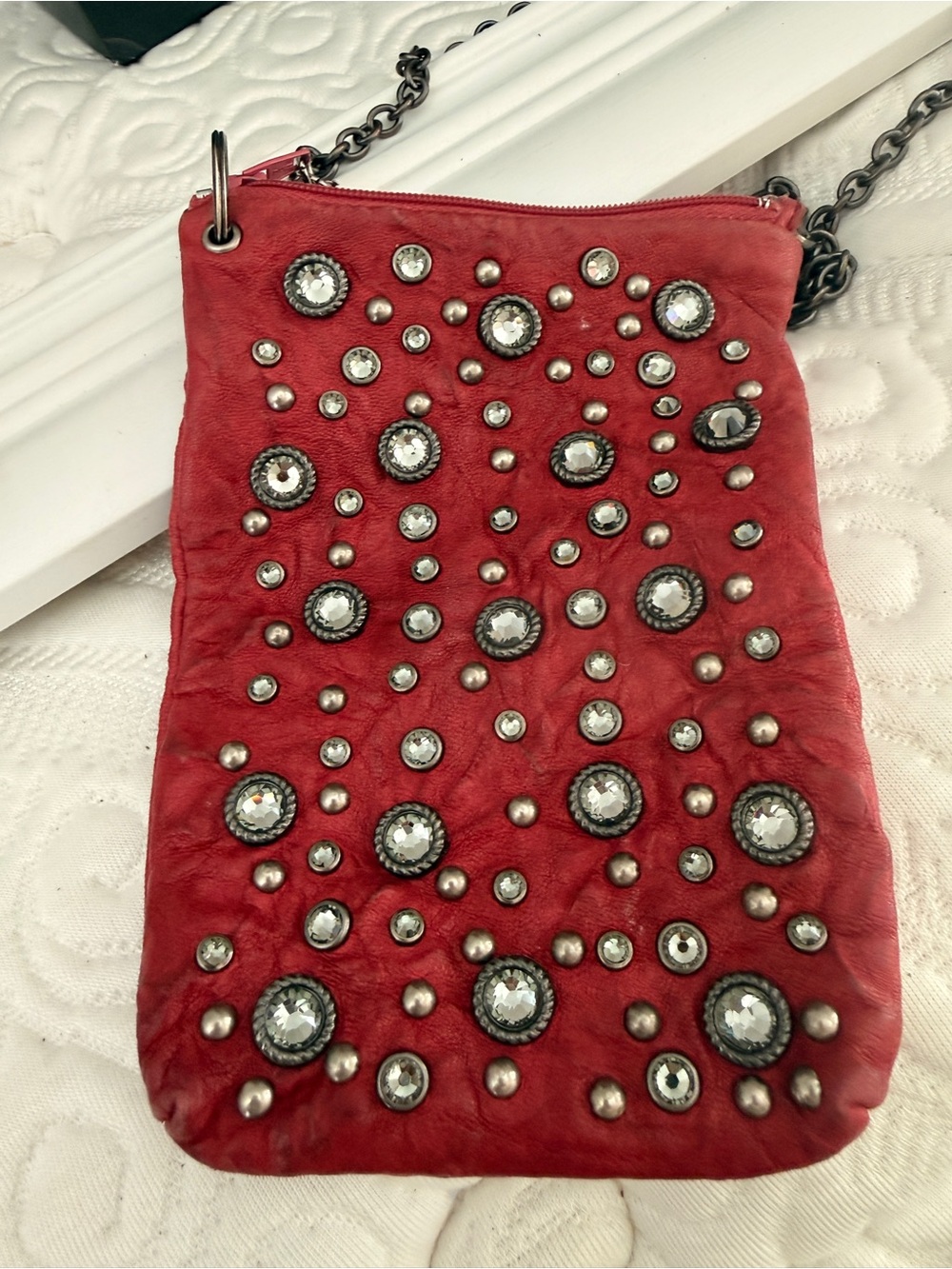 Lisa Berck- Red Embellished Leather Crossbody Bag with Chain Strap